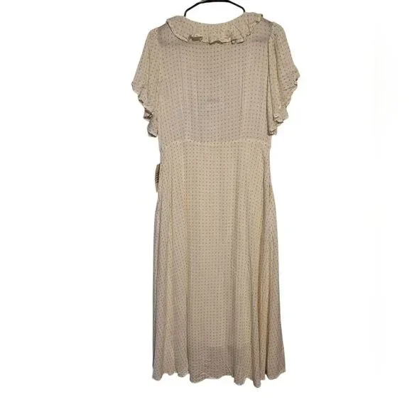 Bohme Ruffle Neck Polka Dot Flutter Sleeve Button Front Boho Midi Dress, L NEW - Picture 3 of 16